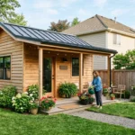 What is an ADU in real estate shown as a detached backyard cottage behind a suburban home