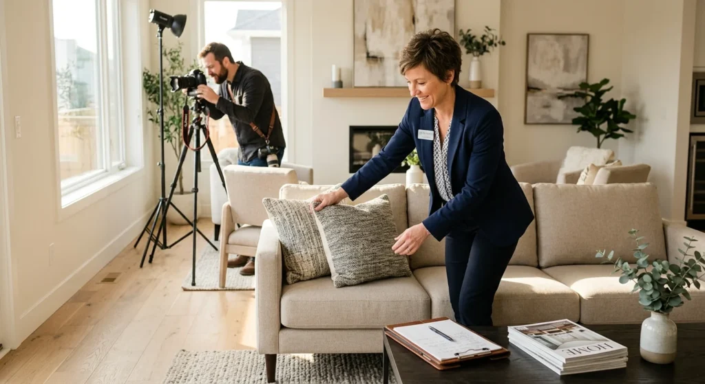 Listing agent staging a living room, an example of what a real estate agent does
