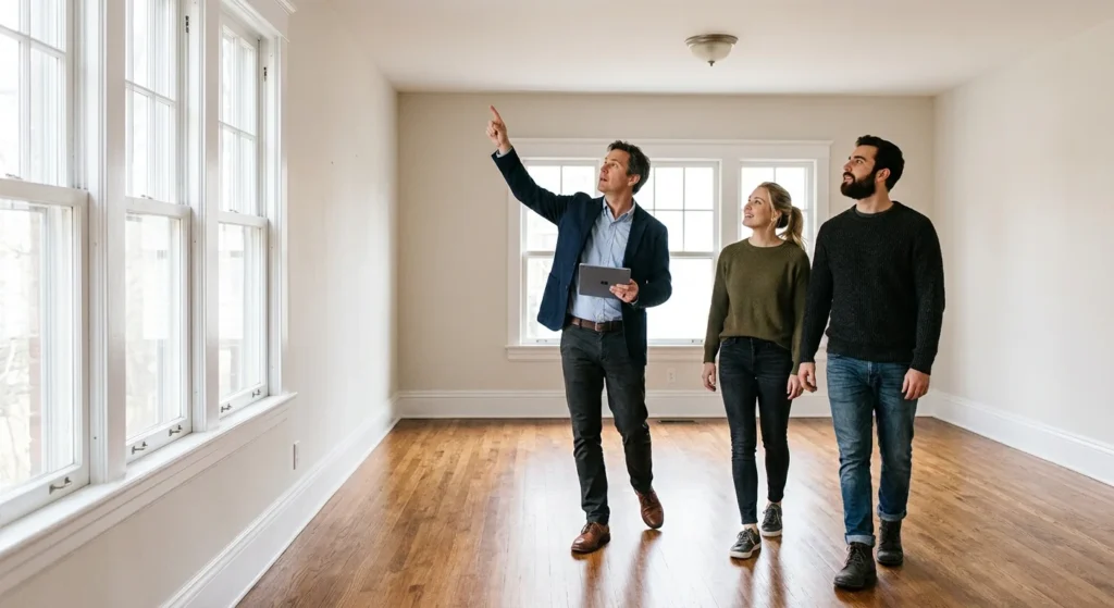 Buyer's agent touring a home with clients to show what a real estate agent does during showings