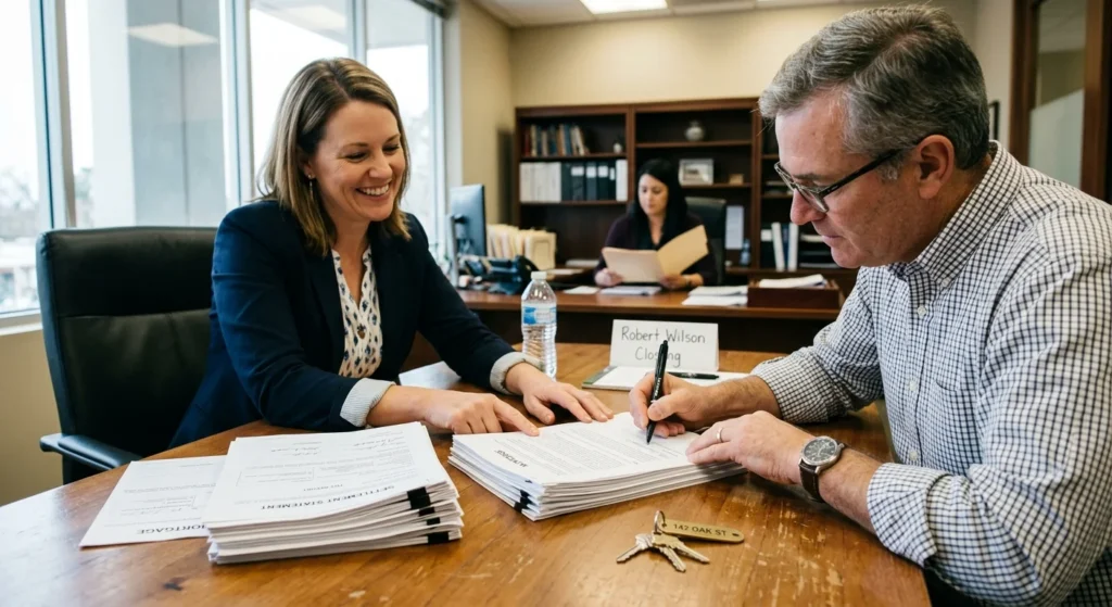 Agent and client signing closing paperwork, showing what a real estate agent does behind the scenes
