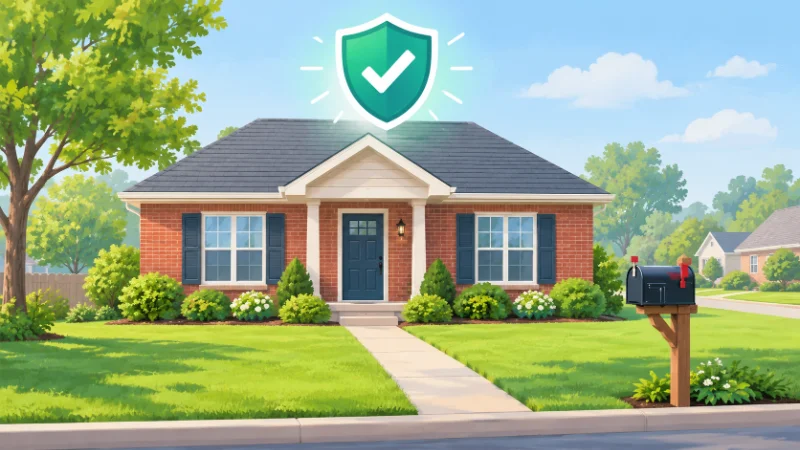 Illustrated home with a checkmark shield showing Alabama as one of the states with no property tax for seniors on low incomes