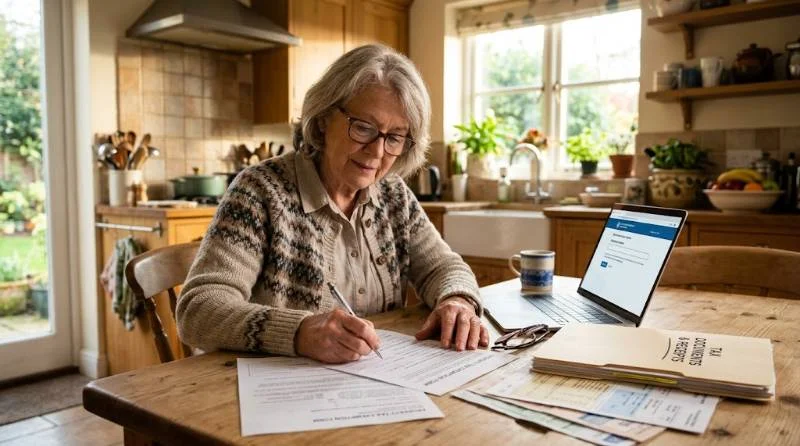 Senior homeowner completing an exemption form after researching which states have no property tax for seniors