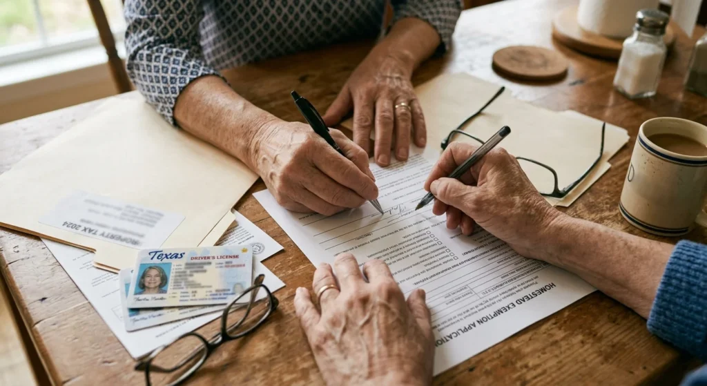 Senior filling out a homestead application in one of the states with no property tax for seniors on part of the bill