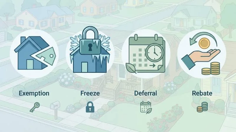 Four icons showing exemption, freeze, deferral and rebate options for seniors asking which states have no property tax
