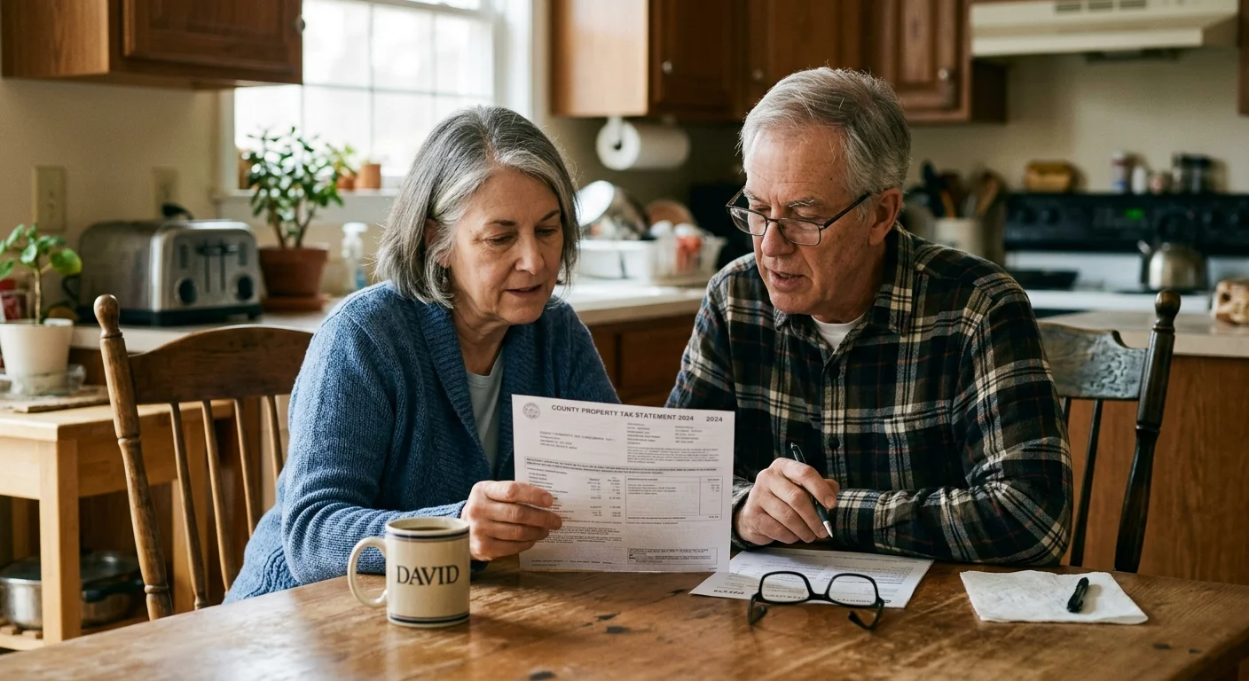 Retired couple reviewing a property tax statement to learn which states have no property tax for seniors