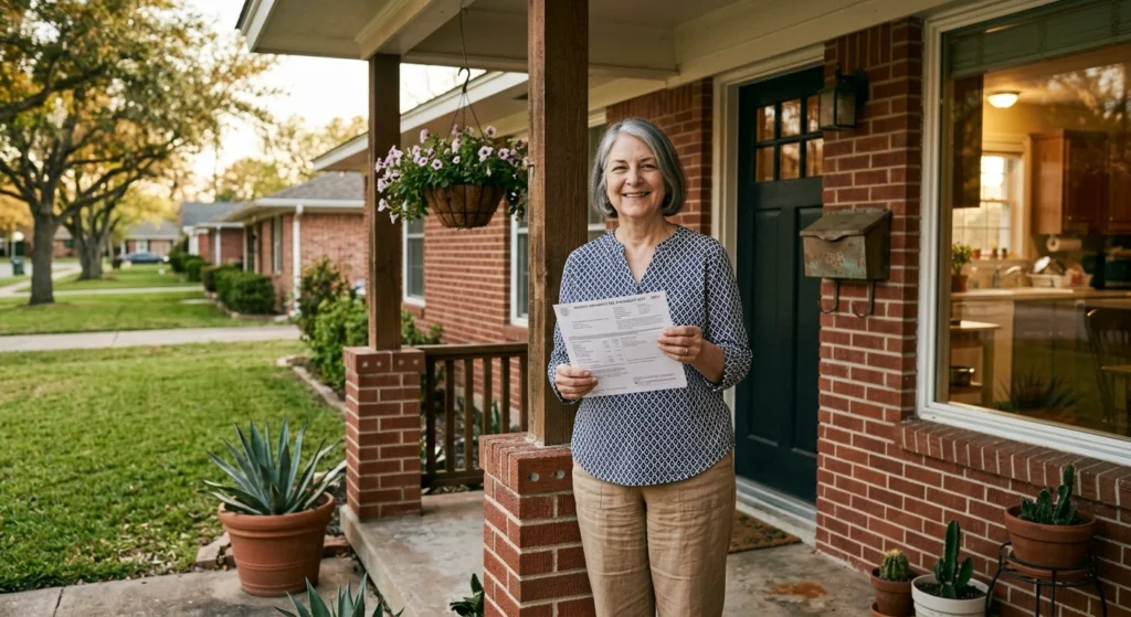 Texas homeowner over 65 holding a tax statement, one of the states with the largest senior property tax breaks