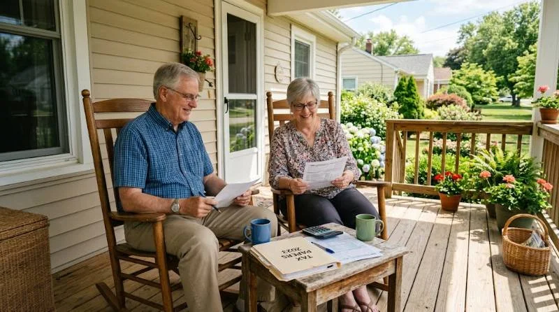 Retired couple on a home porch reviewing papers to learn which states have no property tax for seniors